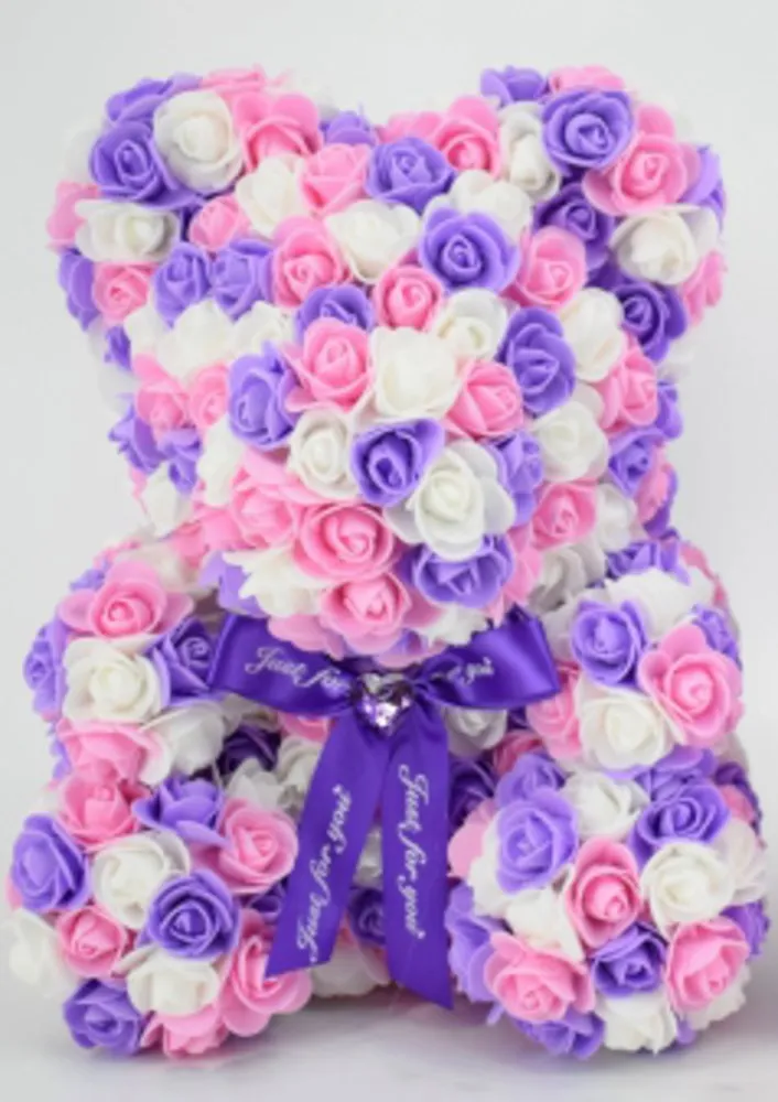 15in Foam Rose Bear Purple Pink White