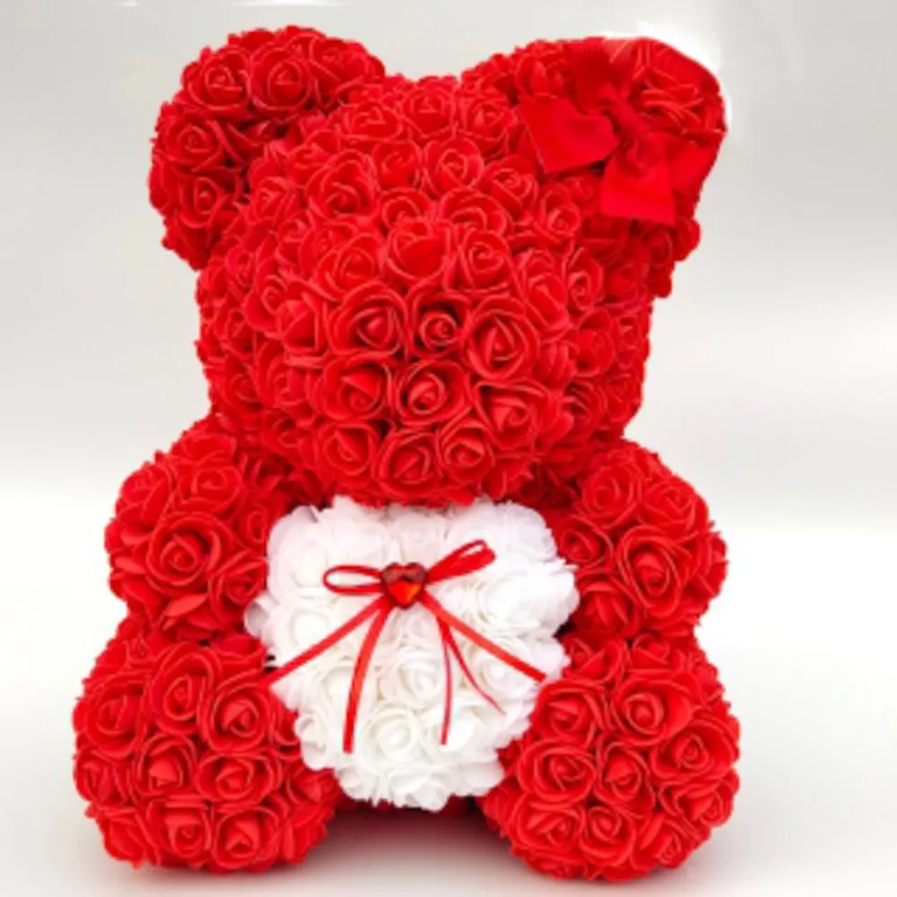 15in Red Foam Rose Bear white Heart