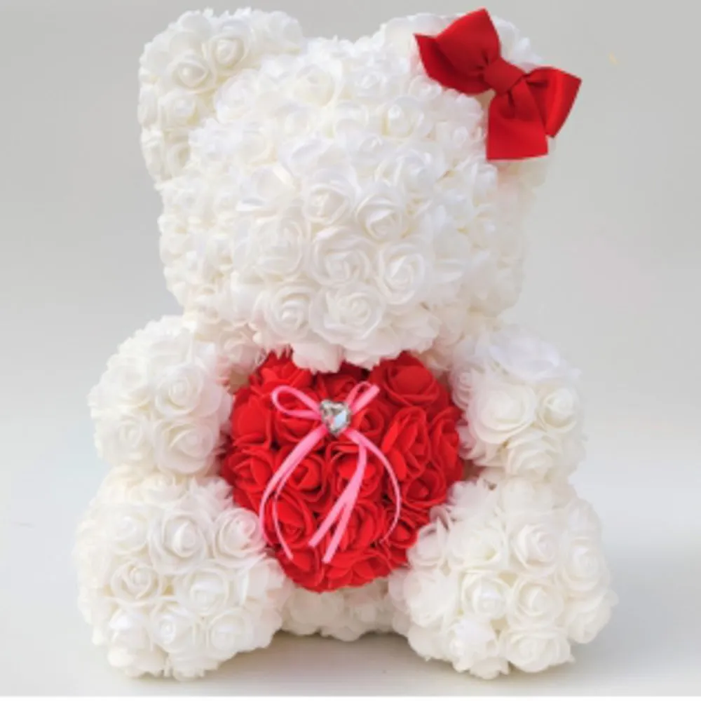 15in White with Heart Foam Rose Bear