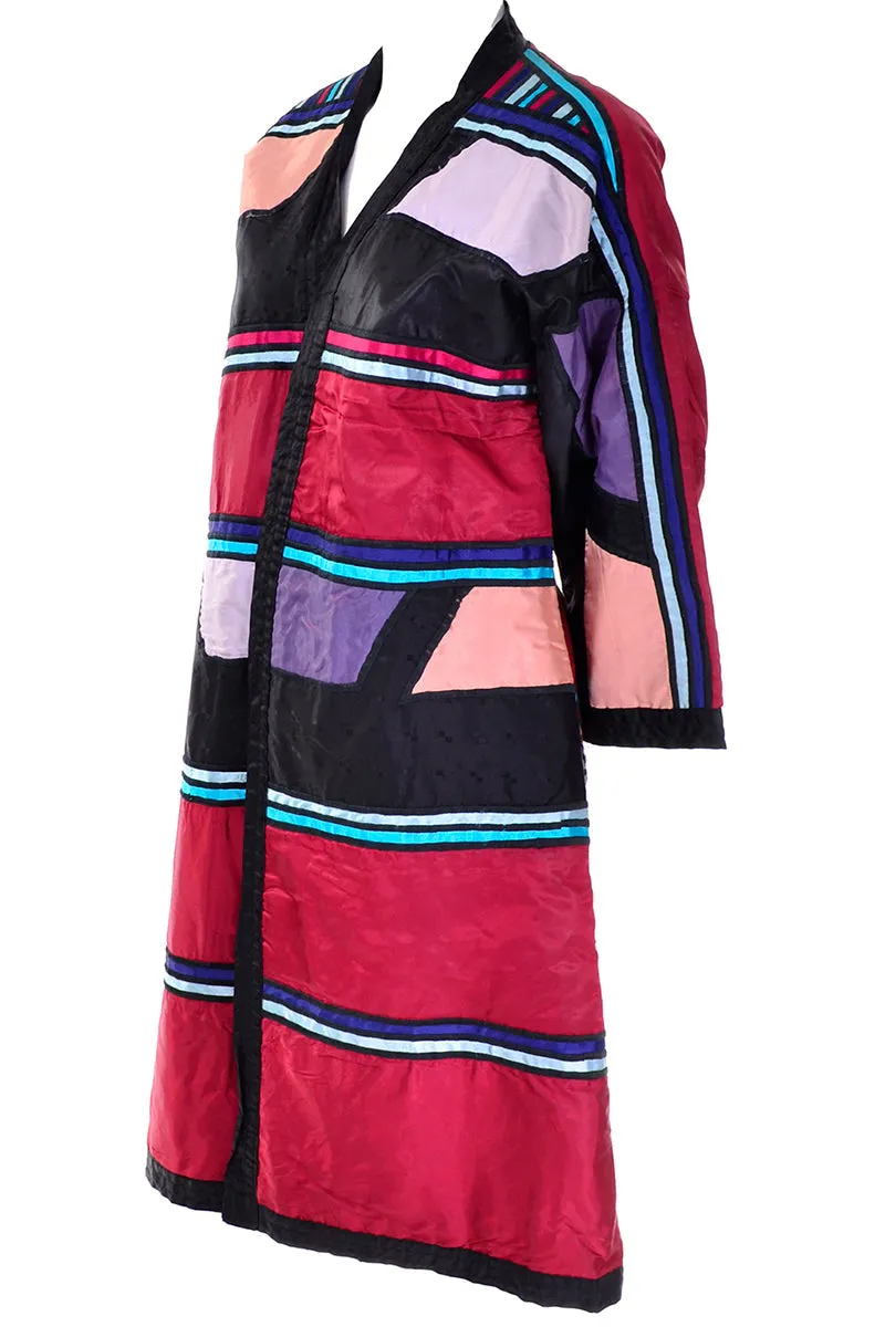 1960s Colorful Patchwork Art Satin Coat Reversible to Black Jacket