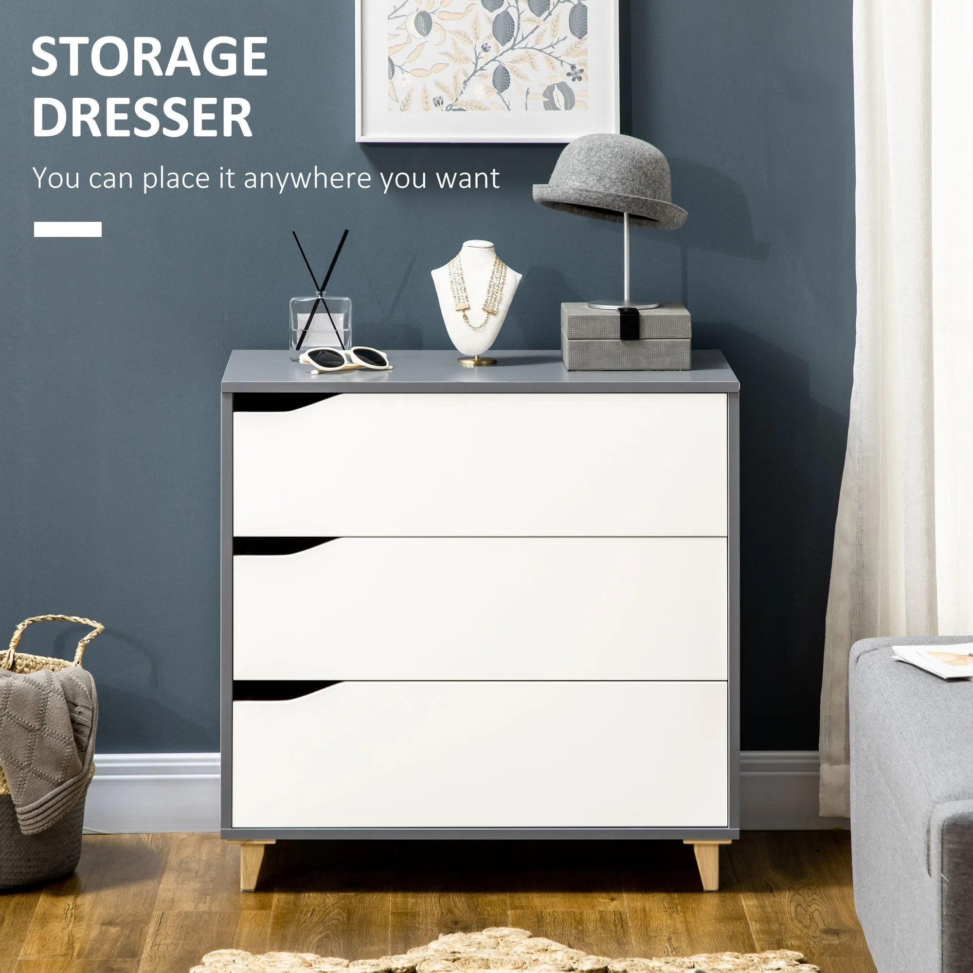 3 Drawer Chest Storage Cabinet Unit with Pine Wood Legs for Bedroom, Living Room, 75cmx42cmx75cm, White