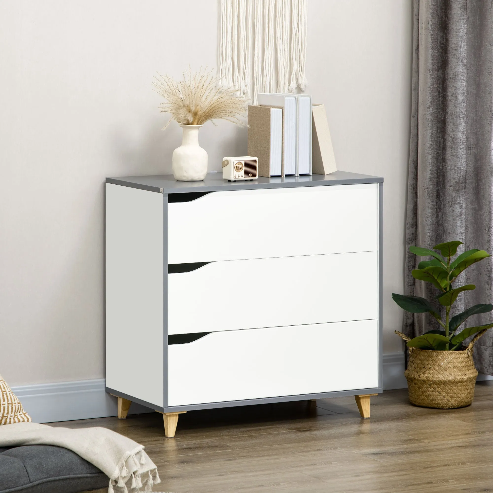 3 Drawer Chest Storage Cabinet Unit with Pine Wood Legs for Bedroom, Living Room, 75cmx42cmx75cm, White