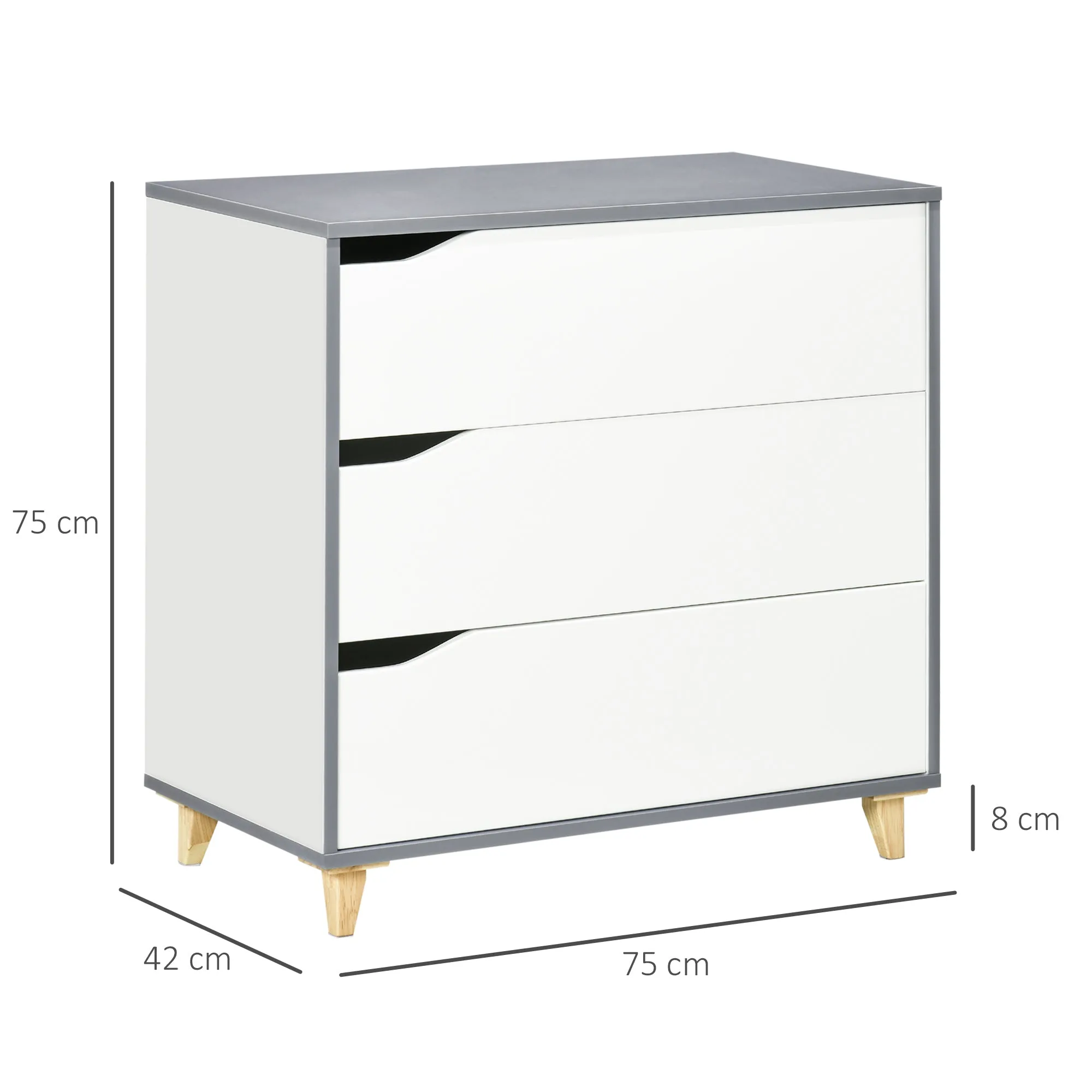 3 Drawer Chest Storage Cabinet Unit with Pine Wood Legs for Bedroom, Living Room, 75cmx42cmx75cm, White