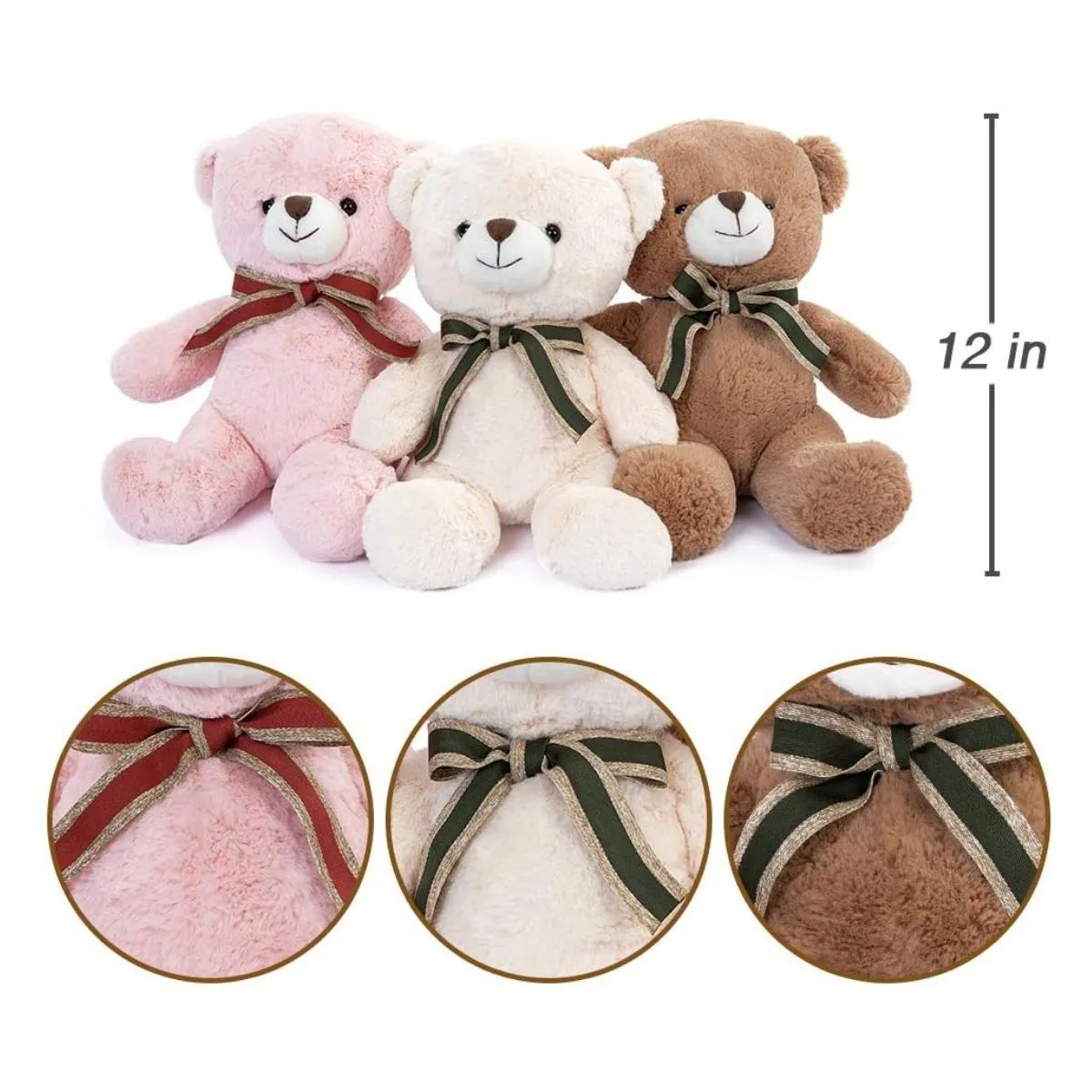 3-Pack Teddy Bear Stuffed Toys, 12'', White/Brown/Pink