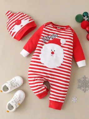 Baby Ho-Ho-Ho Santa Striped Raglan Onesie with Matching Hat Set