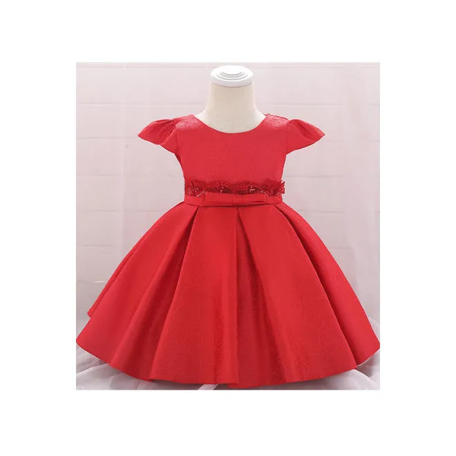 Baby Toddler Girls Bow Decorated Smooth Solid Colored Pleated Skirt Beautiful Dress - C12631TCBGD