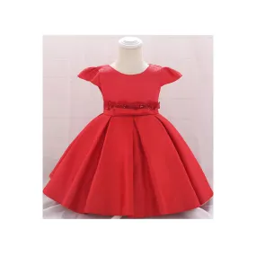 Baby Toddler Girls Bow Decorated Smooth Solid Colored Pleated Skirt Beautiful Dress - C12631TCBGD