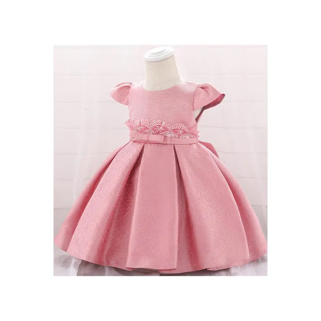 Baby Toddler Girls Bow Decorated Smooth Solid Colored Pleated Skirt Beautiful Dress - C12631TCBGD