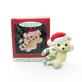 Baby's Second Christmas 1993 Hallmark Teddy Bear Candy Cane Christmas Ornament