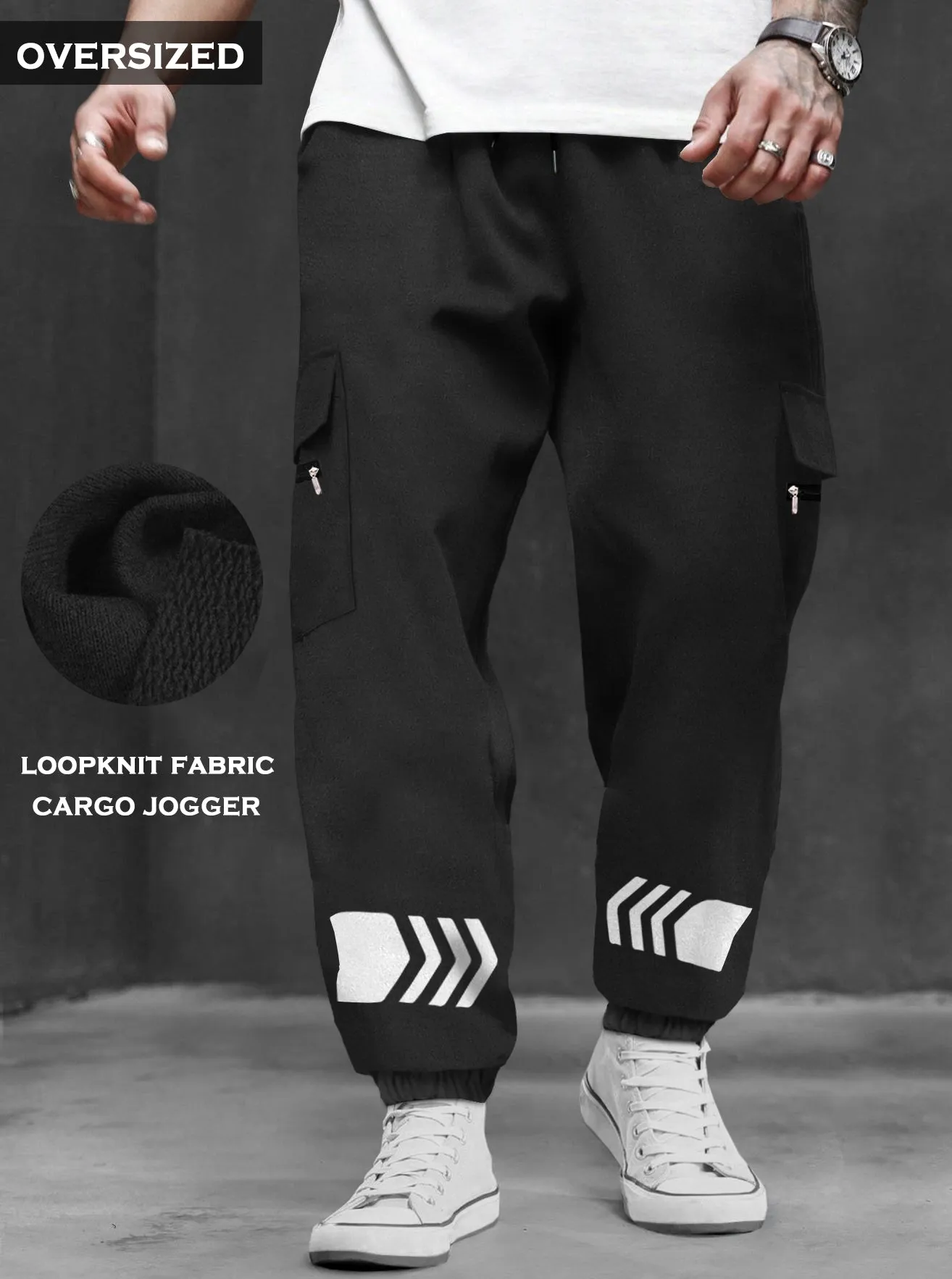 Baggy Style Black Oversized Fit Cuffed Ankle Cargo Jogger