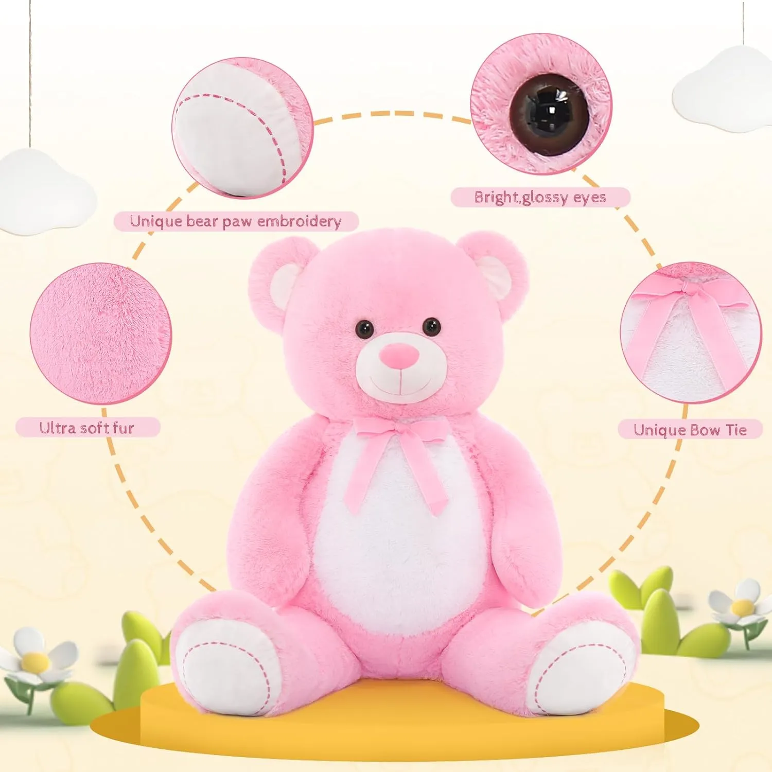 Big Teddy Bear Plush Toy, Light Brown/Dark Brown/Pink, 51 Inches