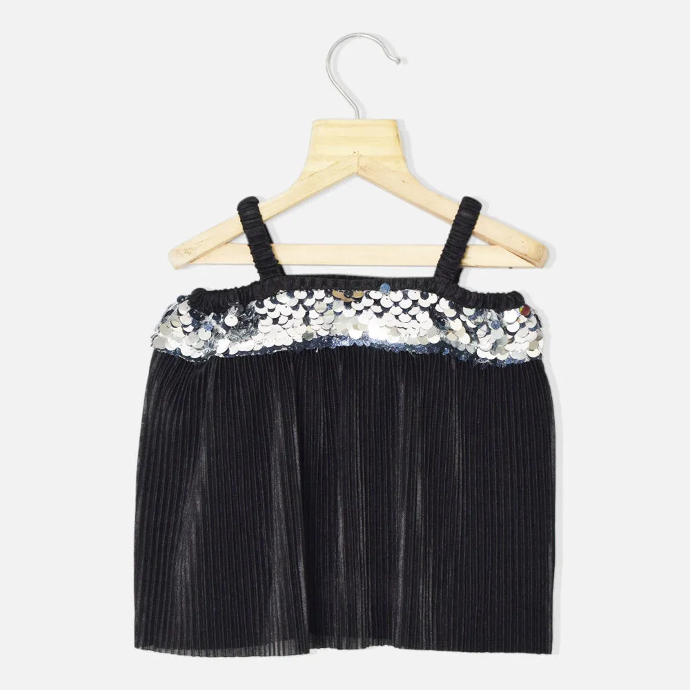 Black & White Sequins Pleated Sleeveless Top