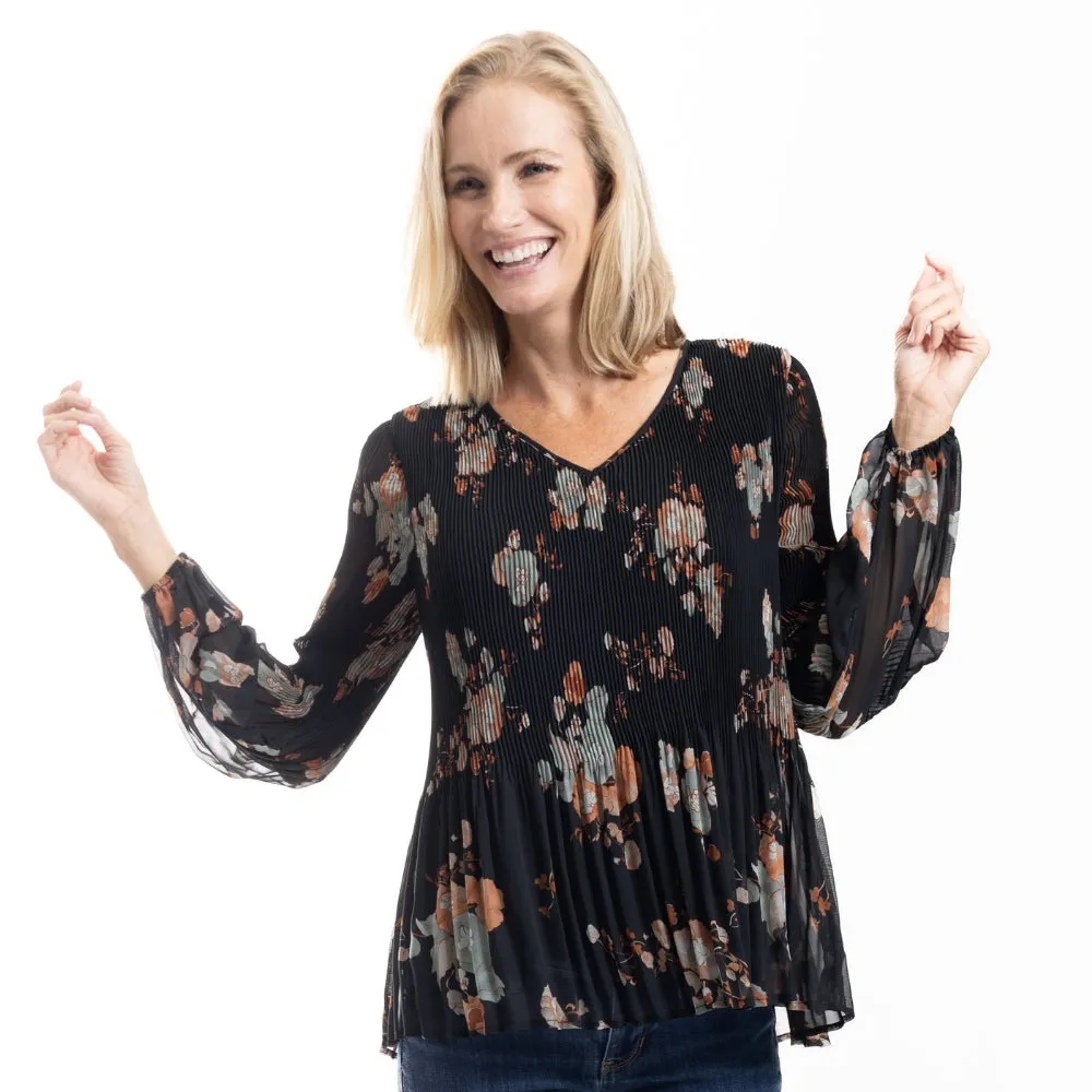 Black Floral Pleated Chiffon Blouse