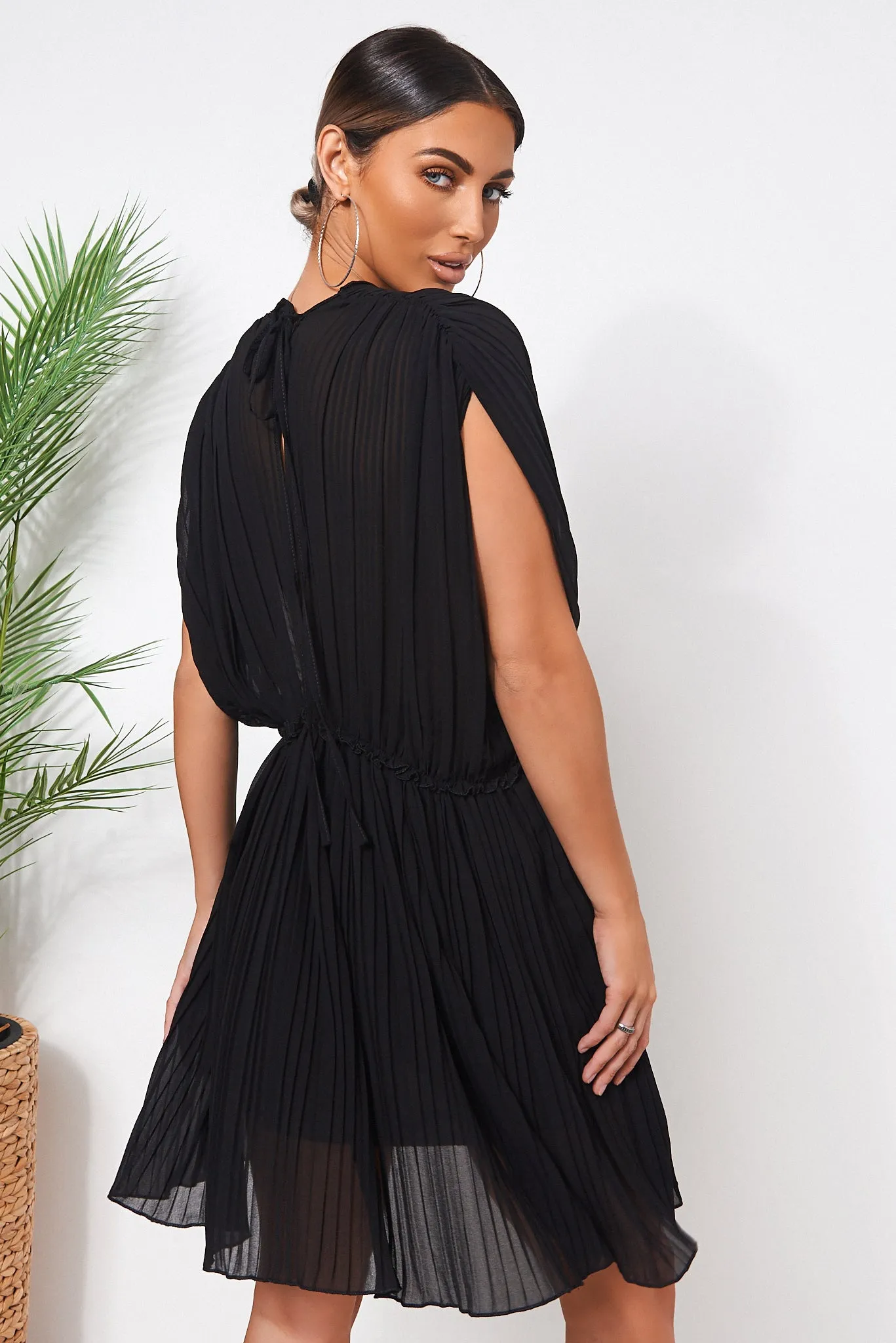 Black Grecian Chiffon Pleated Dress