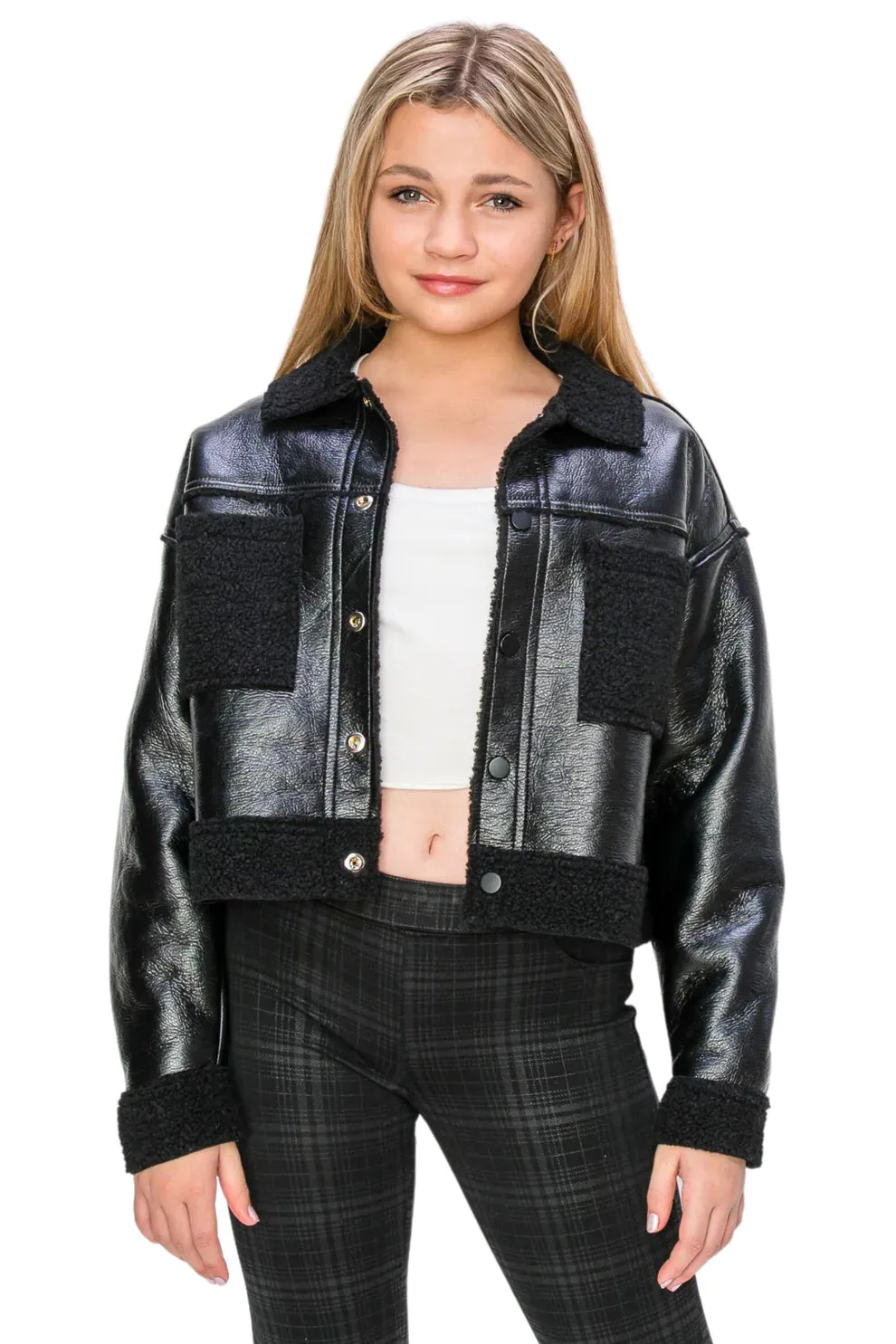 Black Sherpa Lined Faux Leather Crop Jacket