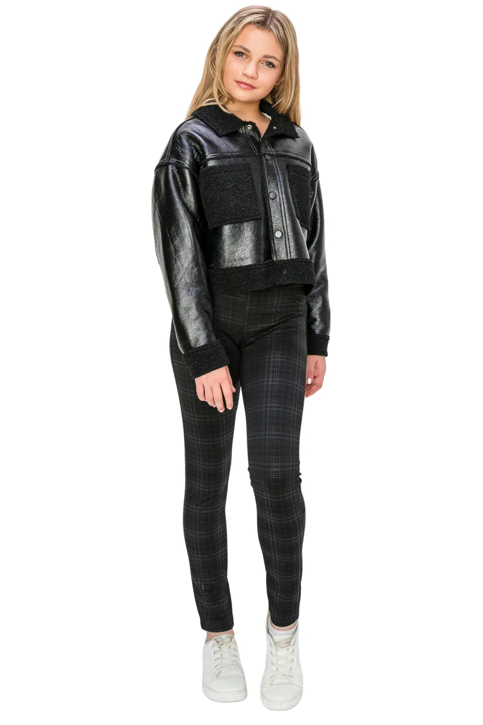 Black Sherpa Lined Faux Leather Crop Jacket