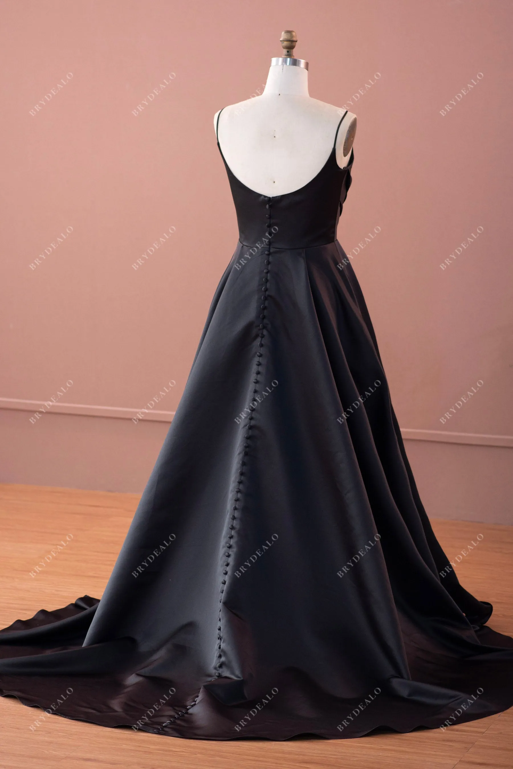 Black Spaghetti Straps V-neck Pleated A-line Wedding Dress