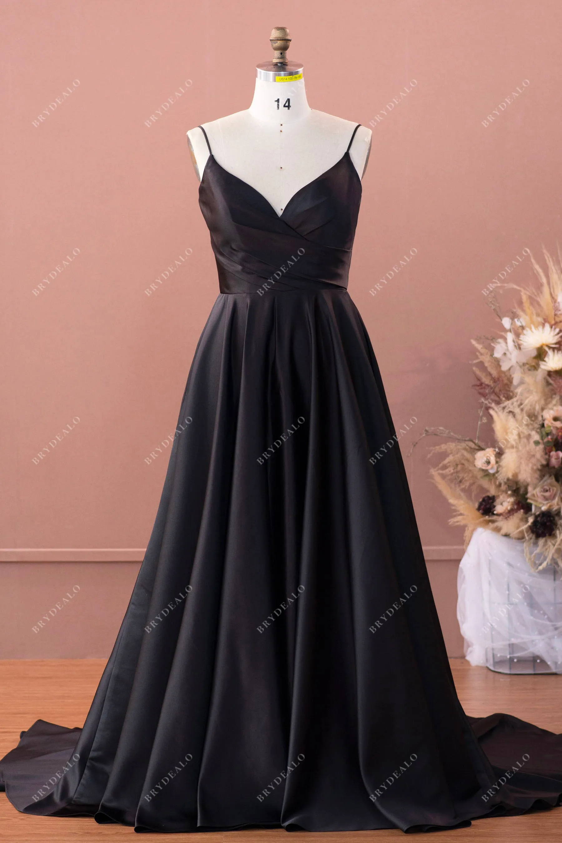 Black Spaghetti Straps V-neck Pleated A-line Wedding Dress