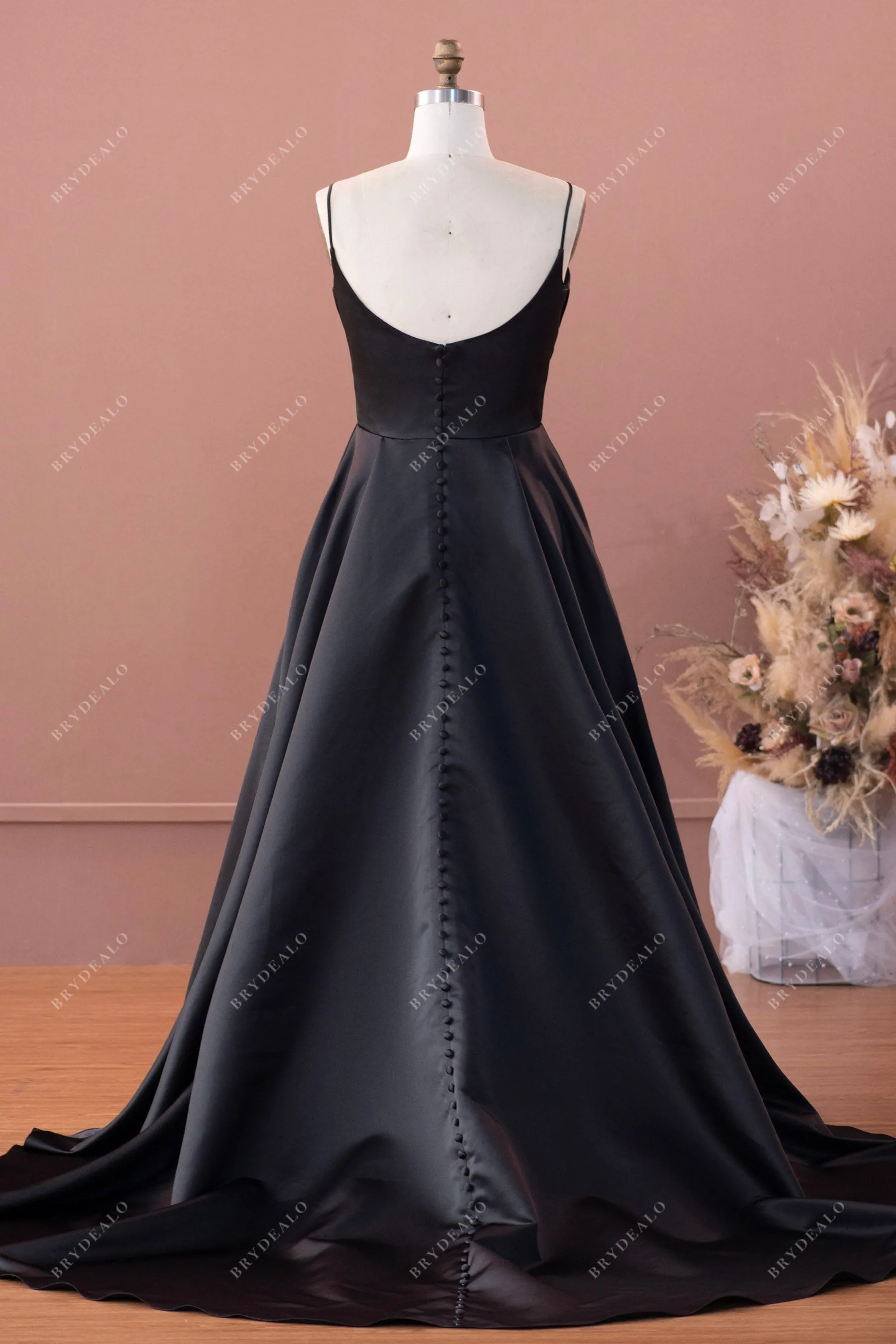 Black Spaghetti Straps V-neck Pleated A-line Wedding Dress