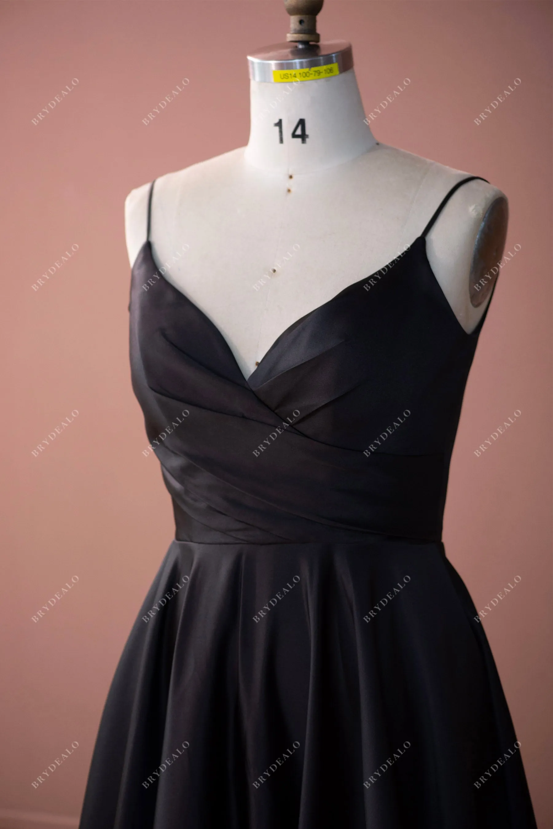 Black Spaghetti Straps V-neck Pleated A-line Wedding Dress