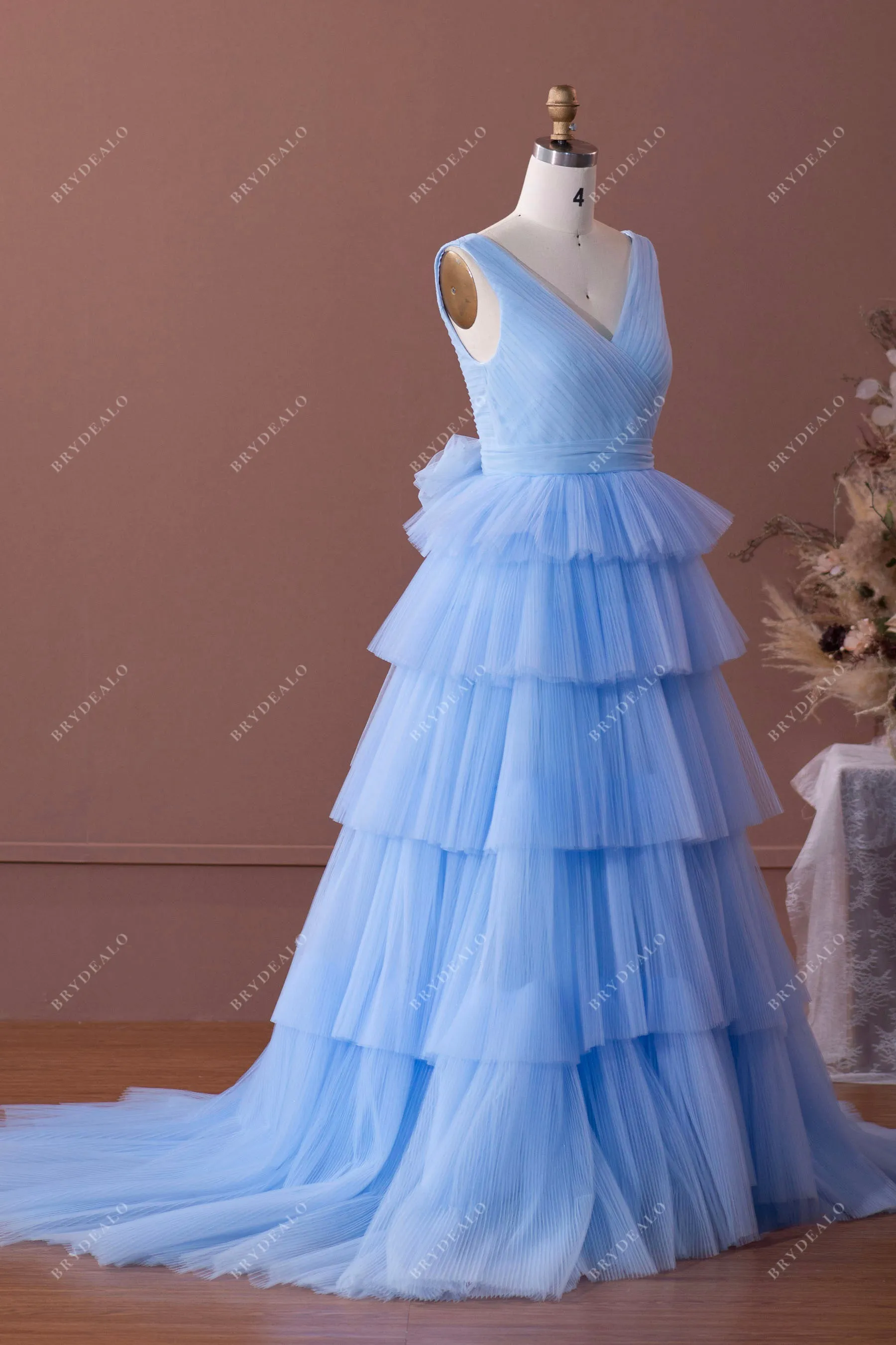 Blue Straps Pleated Tiered Tulle Formal Dress