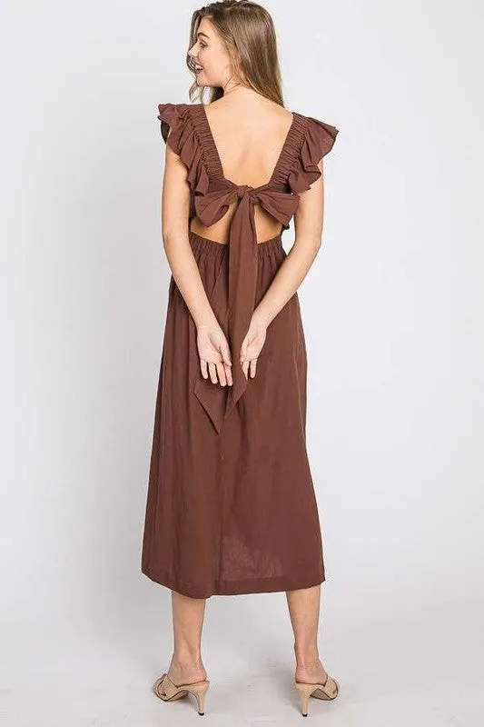 Bohemian Linen Ruffle Cut Out Back Midi Dress