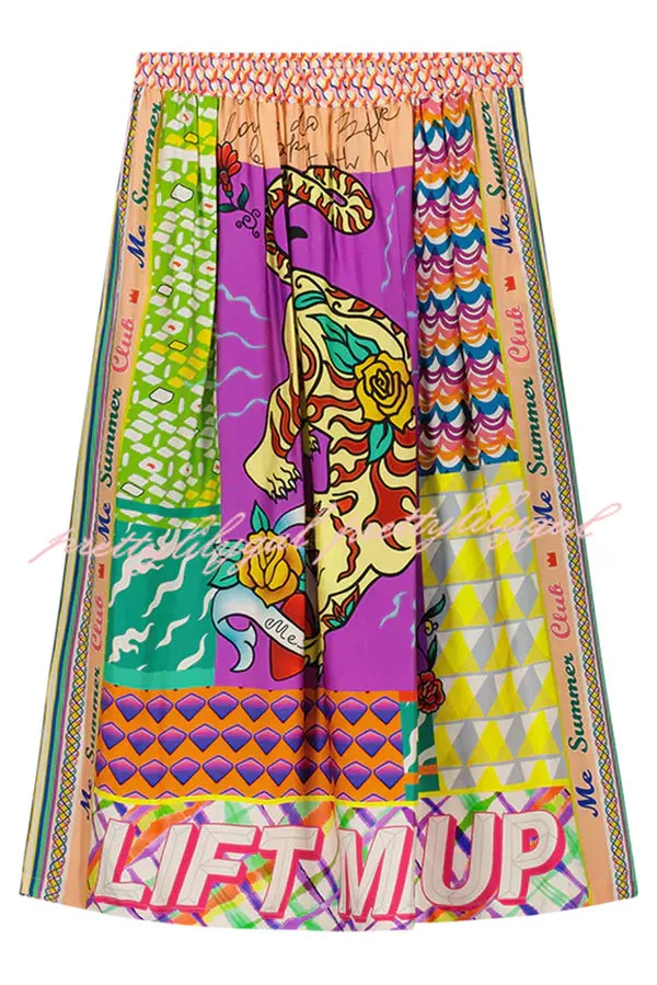 Boho Chic Satin Colorful Unique Print Elastic Waist Pocket Vacation Midi Skirt