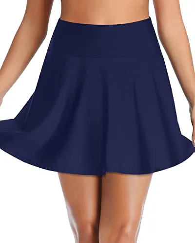 Breathable Black Pleated High Waisted Swim Skirt-Navy Blue