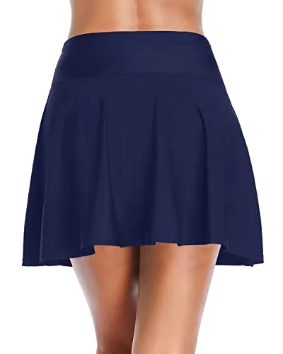 Breathable Black Pleated High Waisted Swim Skirt-Navy Blue