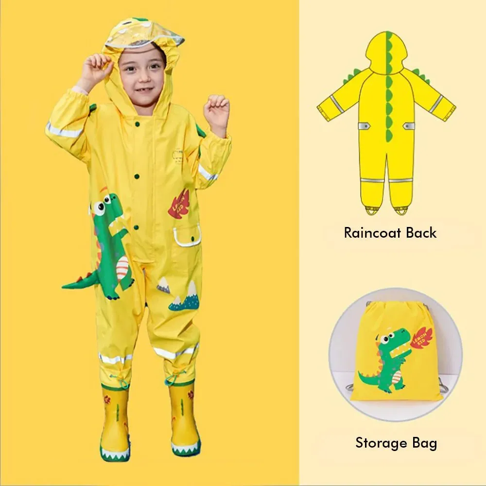 Bright Yellow 3D Dino Theme All Over Jumpsuit / Playsuit Raincoat for Kids