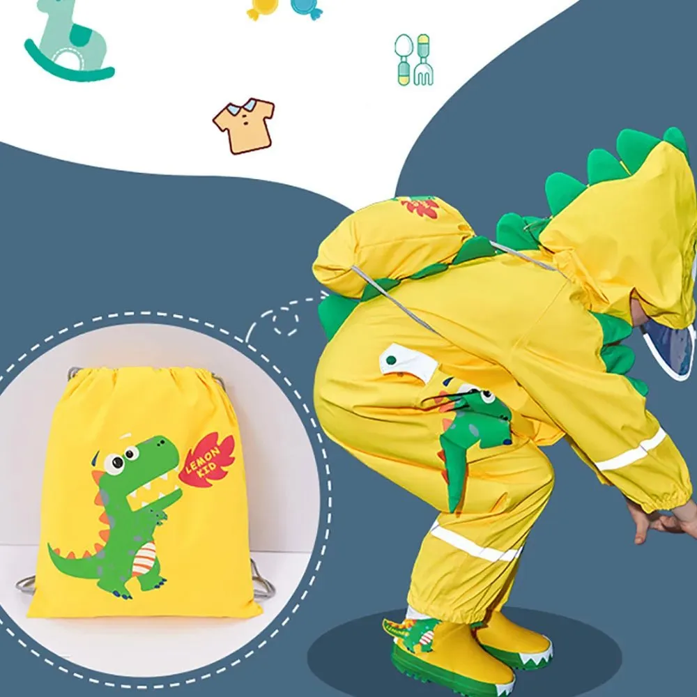 Bright Yellow 3D Dino Theme All Over Jumpsuit / Playsuit Raincoat for Kids