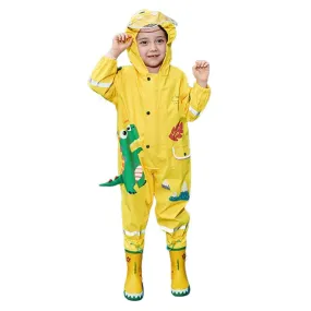 Bright Yellow 3D Dino Theme All Over Jumpsuit / Playsuit Raincoat for Kids