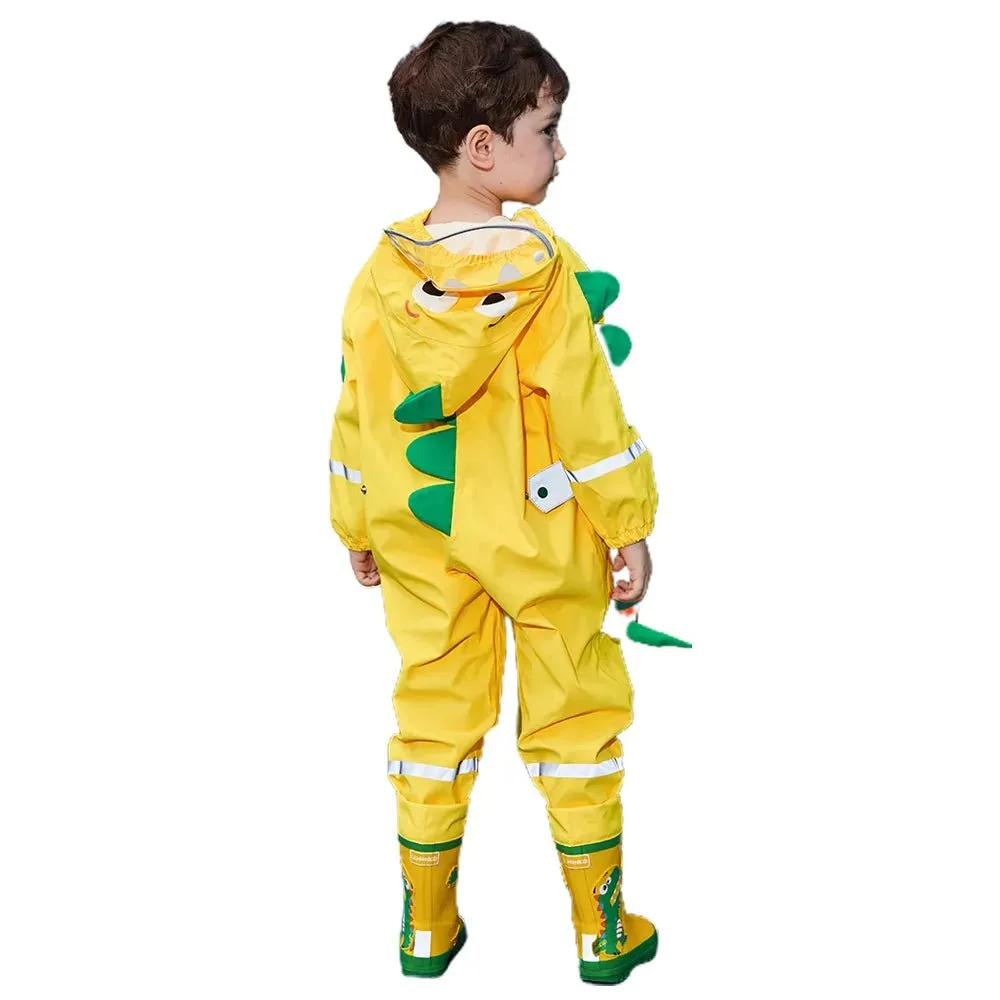 Bright Yellow 3D Dino Theme All Over Jumpsuit / Playsuit Raincoat for Kids