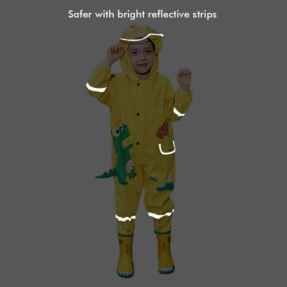 Bright Yellow 3D Dino Theme All Over Jumpsuit / Playsuit Raincoat for Kids