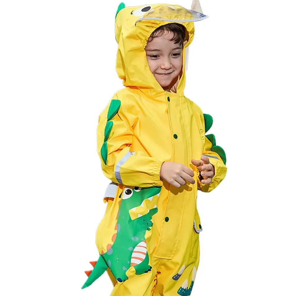 Bright Yellow 3D Dino Theme All Over Jumpsuit / Playsuit Raincoat for Kids