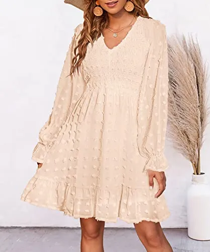 BTFBM Women Long Sleeve V Neck Smocked Short Dress Flowy Casual SwissDot Ruffle Mini Babydoll Spring Summer Dresses 2023(Solid Apricot, XX-Large)