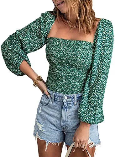 BTFBM Women's Square Neck Smocked Blouse Tops, Floral Green, X-Large