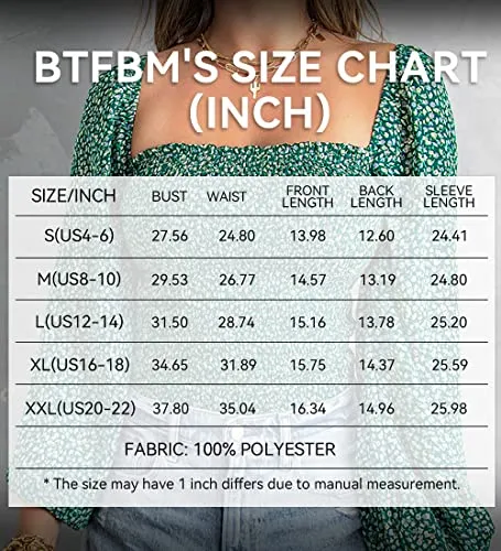 BTFBM Women's Square Neck Smocked Blouse Tops, Floral Green, X-Large