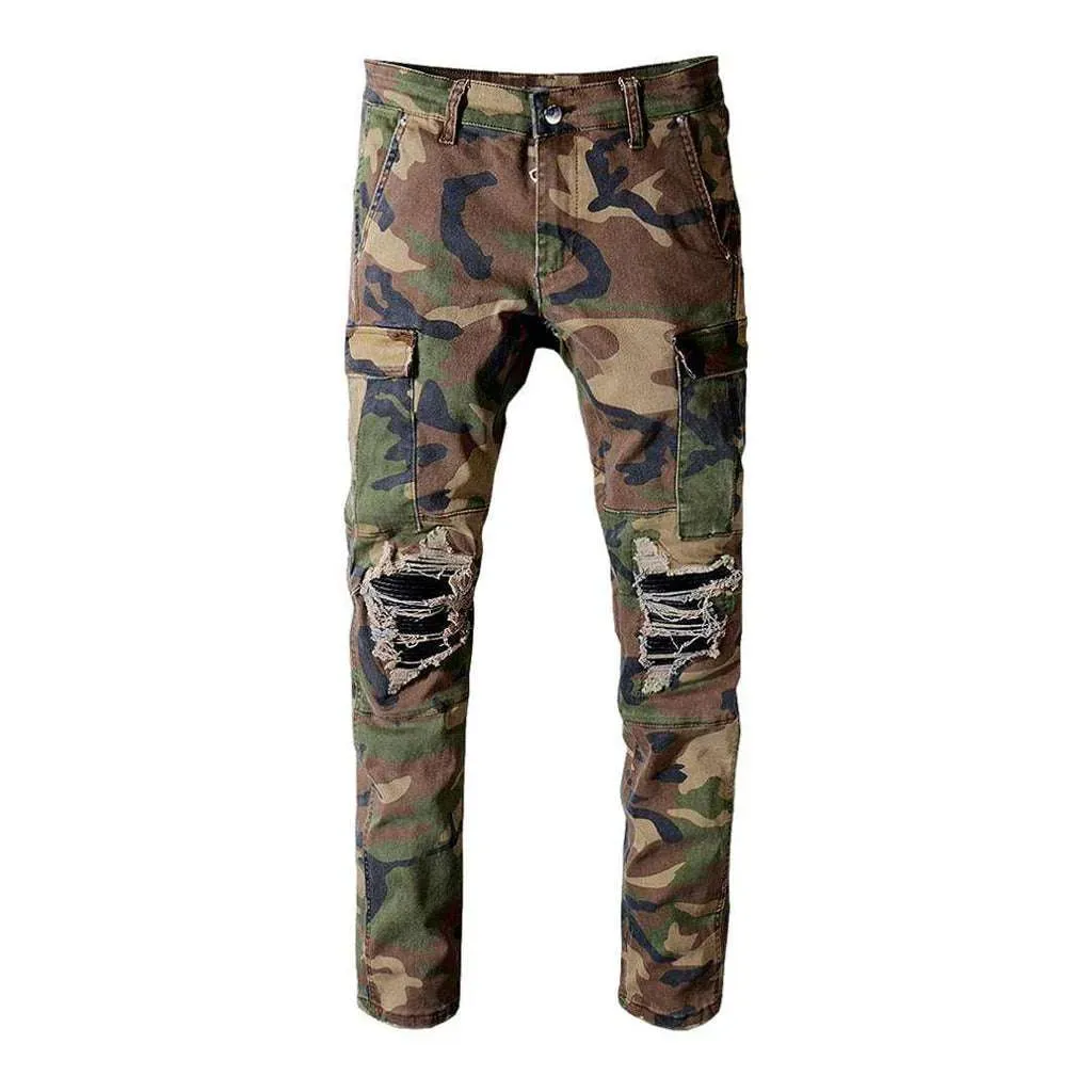 Camouflage-printed distressed men's jeans