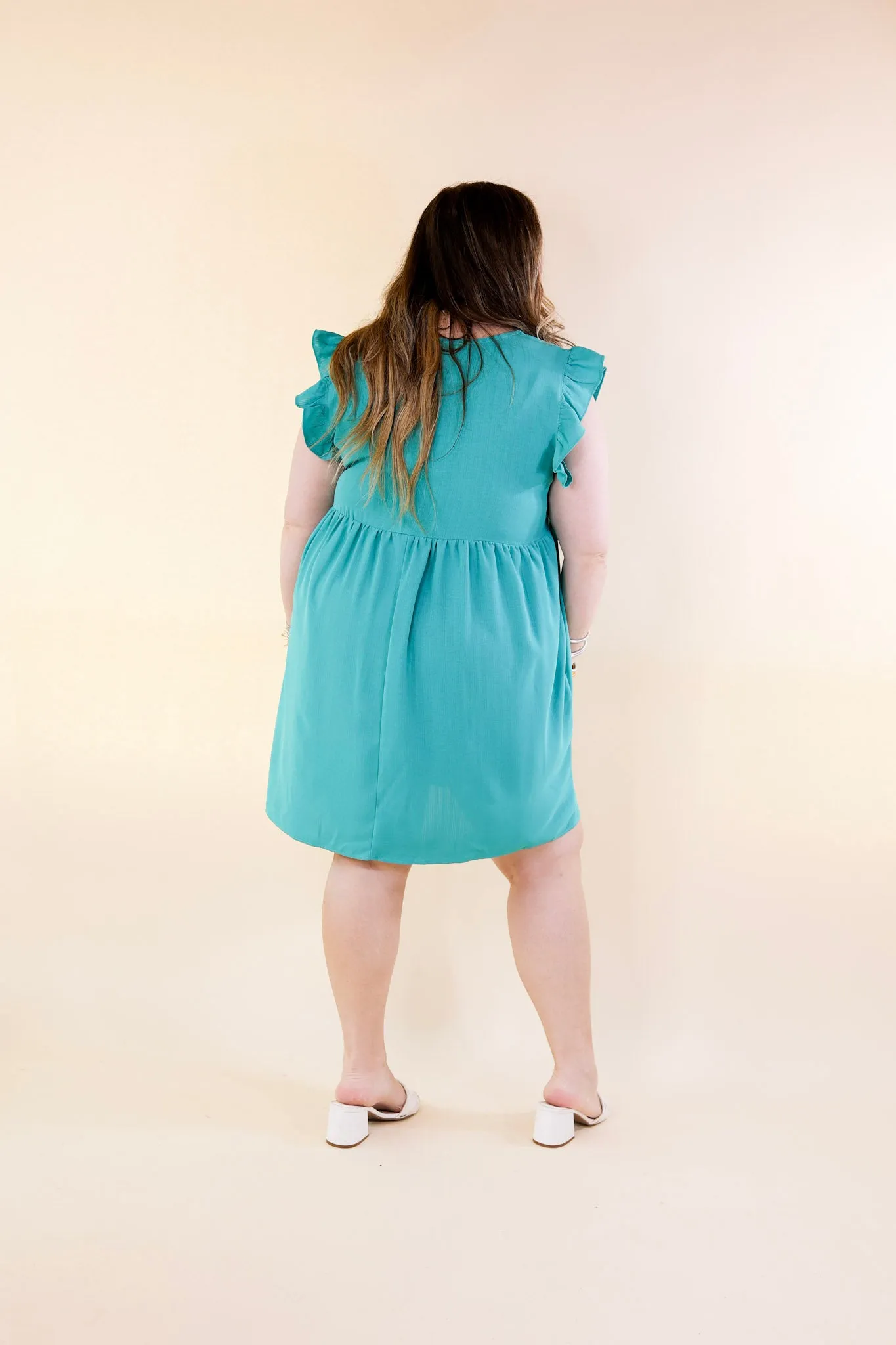 Capture Your Attention V Neck Dress with Ruffle Cap Sleeves in Turquoise