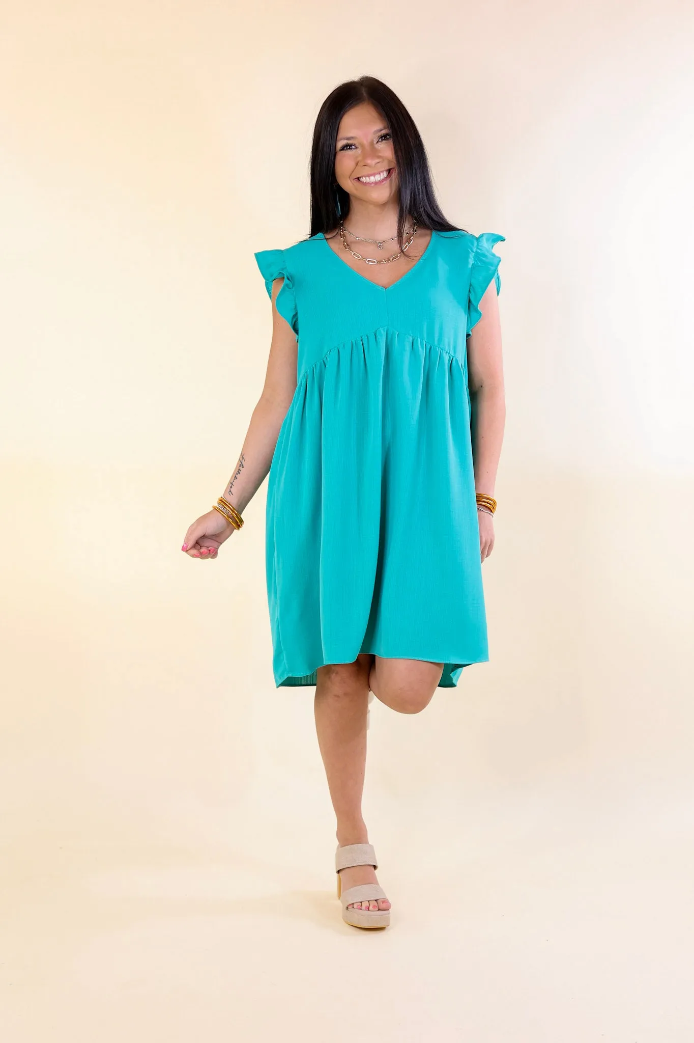 Capture Your Attention V Neck Dress with Ruffle Cap Sleeves in Turquoise