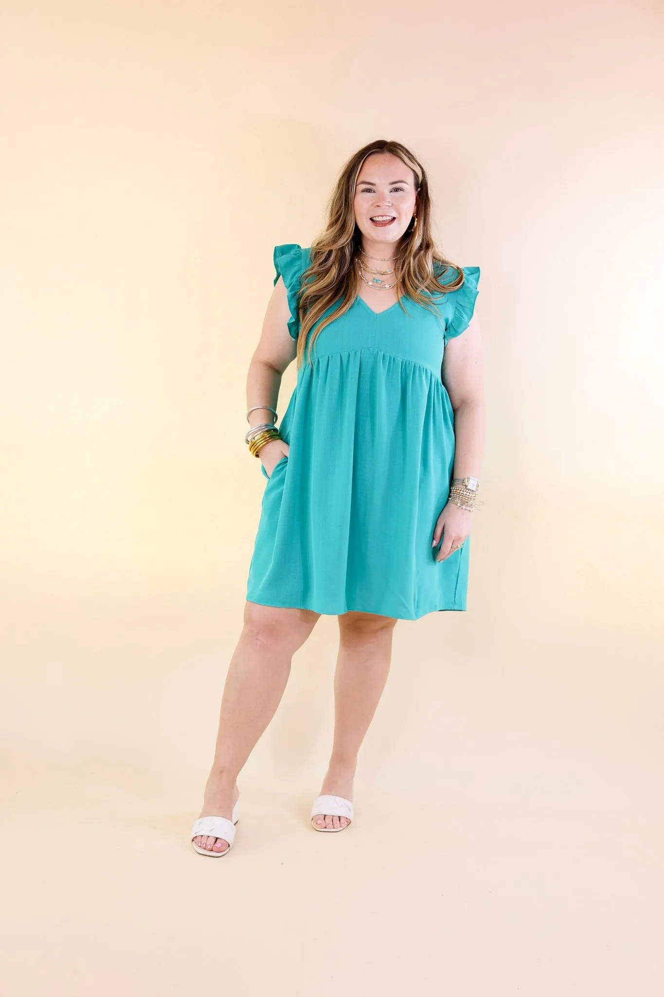 Capture Your Attention V Neck Dress with Ruffle Cap Sleeves in Turquoise