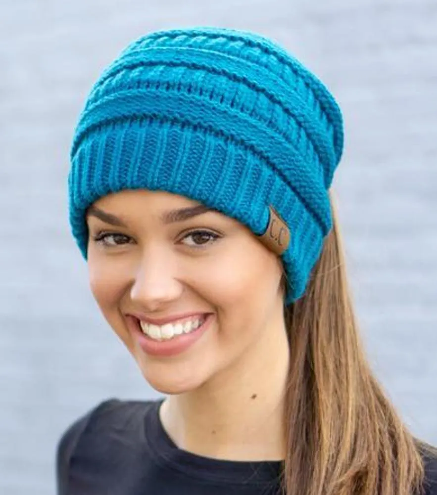 CC Knitted Messy Bun/Pony Tail Beanie Hat in Five Colors