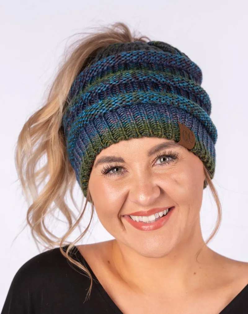 CC Knitted Messy Bun/Pony Tail Beanie Hat in Five Colors