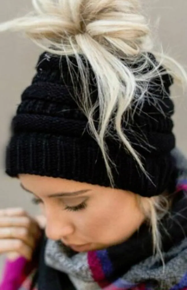 CC Knitted Messy Bun/Pony Tail Beanie Hat in Five Colors