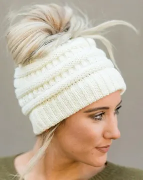 CC Knitted Messy Bun/Pony Tail Beanie Hat in Five Colors