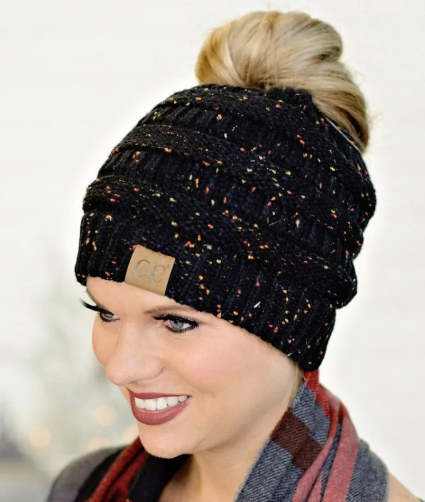 CC Knitted Messy Bun/Pony Tail Beanie Hat in Five Colors