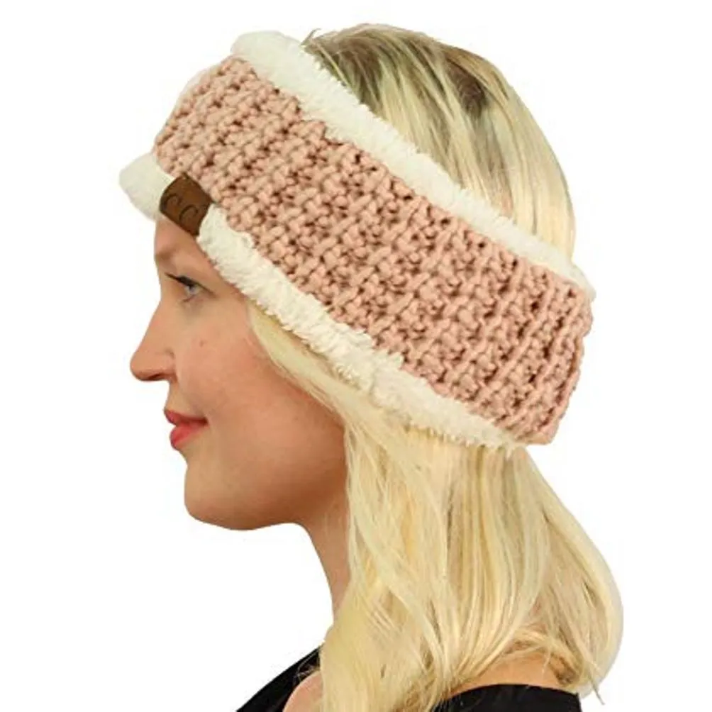 CC Sherpa Fleece Lined Thick Knit Headwrap in Metallic Rose or Metallic Silver