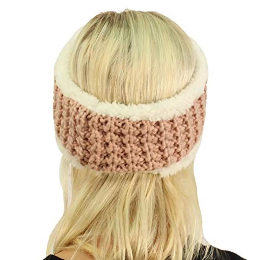 CC Sherpa Fleece Lined Thick Knit Headwrap in Metallic Rose or Metallic Silver