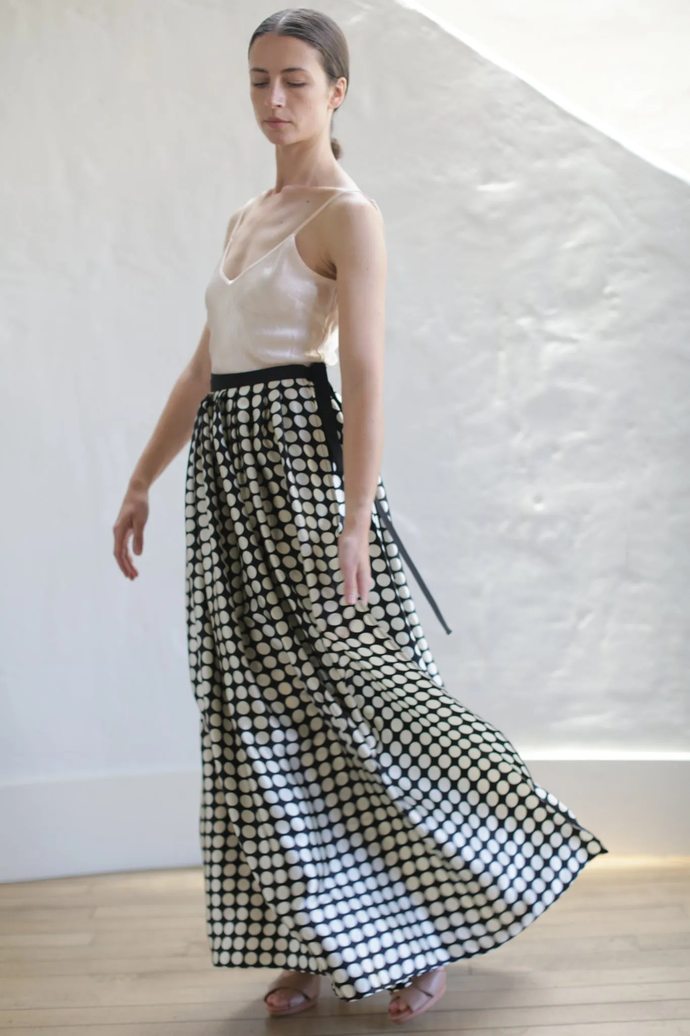 Charmeuse Pleated Long Wrap Skirt | Big Polkadot